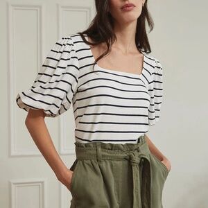 Striped Square-Neck T-shirt with Short, Puffy Sleeves